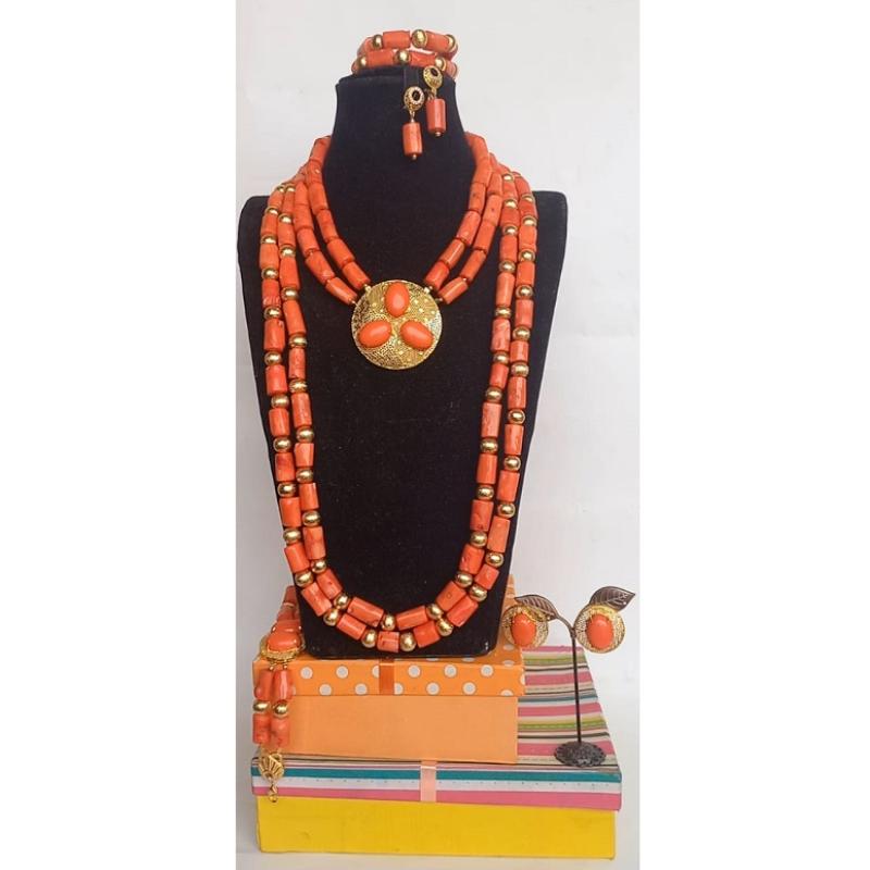 Original Coral beads 2 step choker and 2 long women set(with non tarnish gold balls)